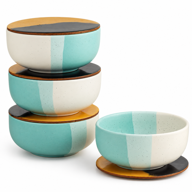 Green Matte Ceramic Bowl Set of 4 – 500ML with Lid