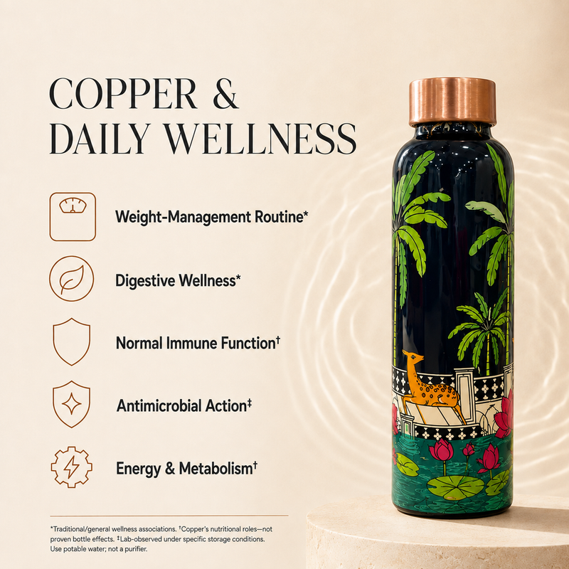 Palm Grove Copper Water Bottle | Pichwai Art Design | 900ml
