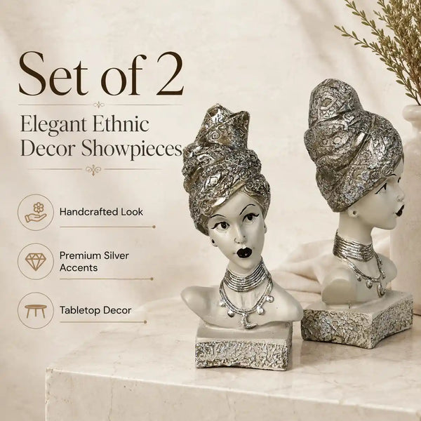 Artistic Ethnic Silver Lady Sculptural Bust Pair – Decorative Statues