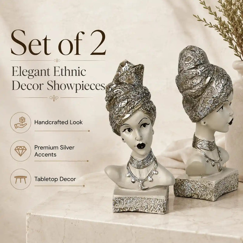 Artistic Ethnic Silver Lady Sculptural Bust Pair – Decorative Statues