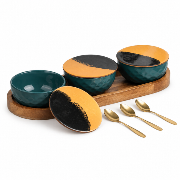 Teal Diamond Ceramic Bowl Serving Set 3 Bowls, 1 Tray, 3 Spoon and 3 Coaster
