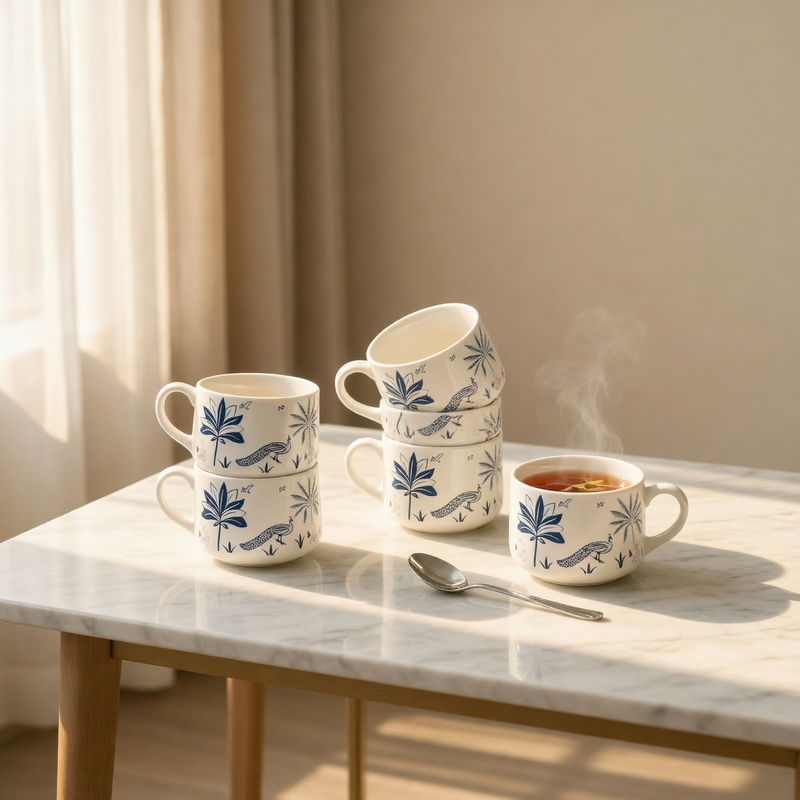 Blue Peafowl Ceramic Tea Cup Set of 6