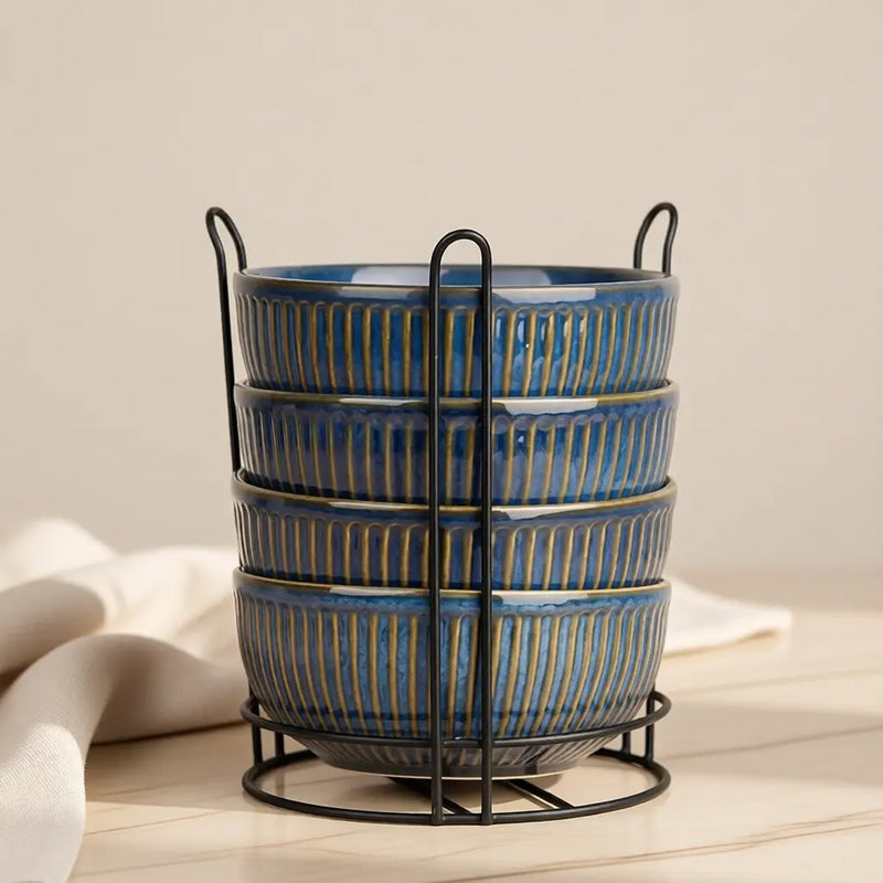 Glam Blue Ceramic Bowl Set of 4 with Stand