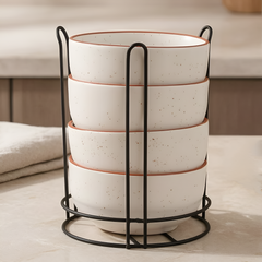 White Marble Ceramic Snack Bowl Set of 4 with Metal Stand