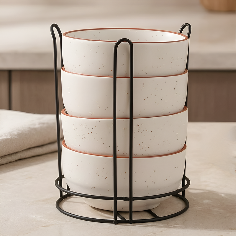 White Marble Ceramic Snack Bowl Set of 4 with Metal Stand