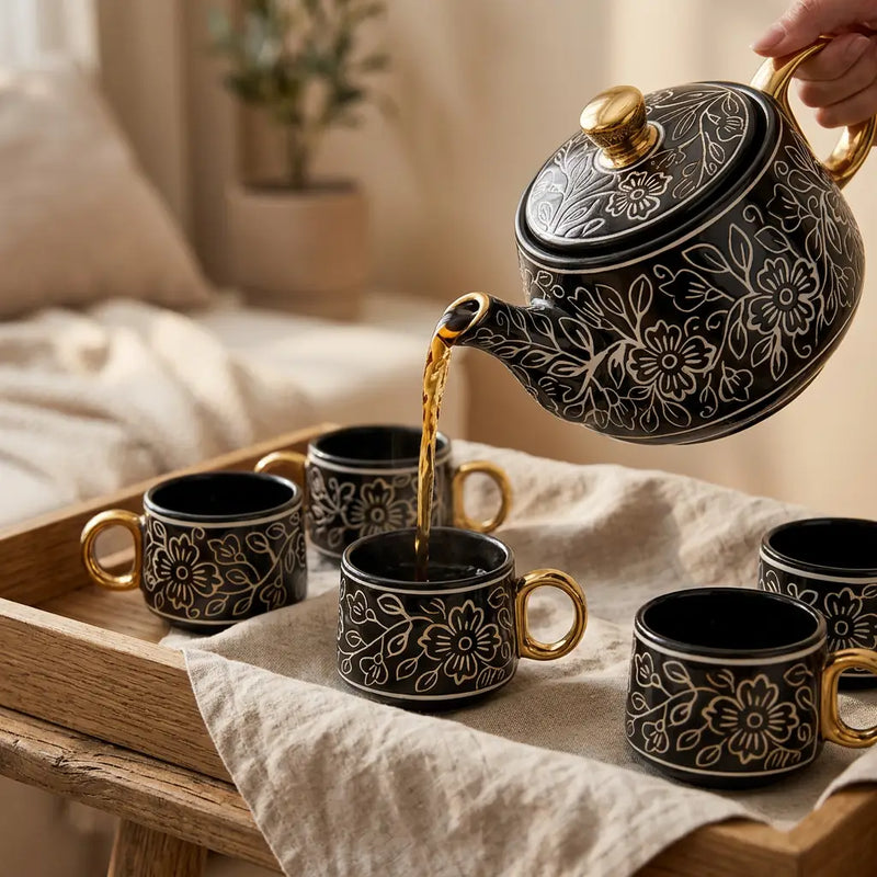 Black Artvine Ceramic Tea Set with Kettle & 6 Cups