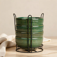 Glam Green Ceramic Bowl Set with Stand (4 Pcs)