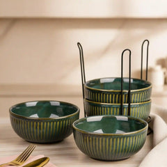 Glam Green Ceramic Bowl Set with Stand (4 Pcs)