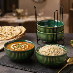 Glam Green Ceramic Bowl Set with Stand (4 Pcs)