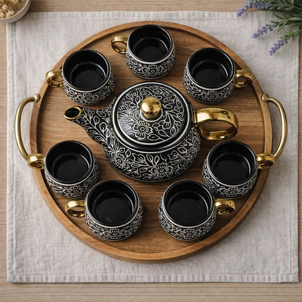 Black Artvine Ceramic Tea Set with Kettle & 6 Cups