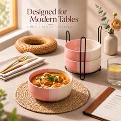 Tritone Pink Ceramic Bowl Set of 4 with Metal Stand – 500ML