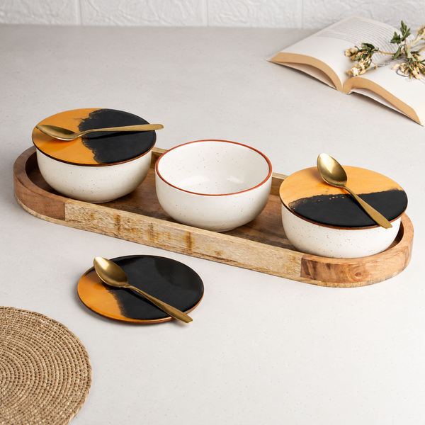 White Marble Ceramic Bowl Serving Set 3 Bowls, 1 Tray, 3 Spoon and 3 Coaster