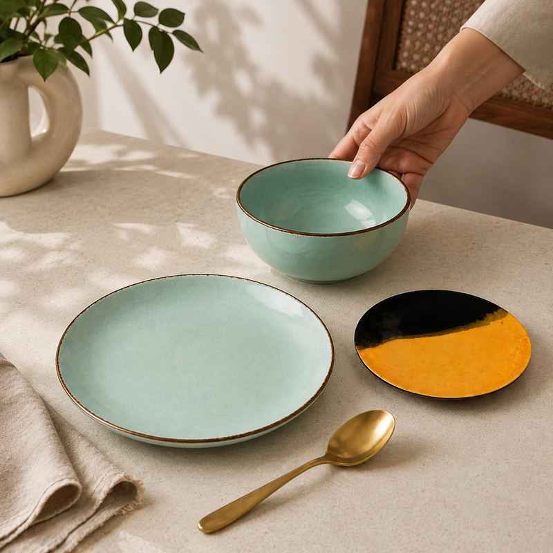 Mint Marble Handcrafted Ceramic Dinner Set - 30 Pieces