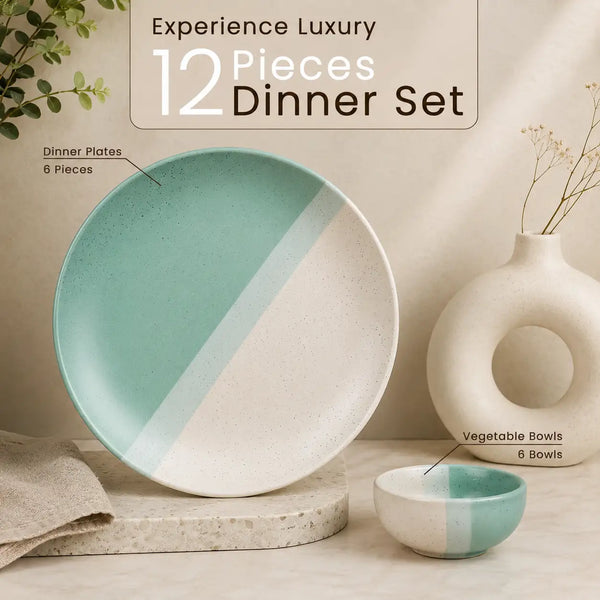 TT Green Matte Ceramic Dinner 6 Full Dinner Plates, 6 Vegetable Bowls Set of 12pcs