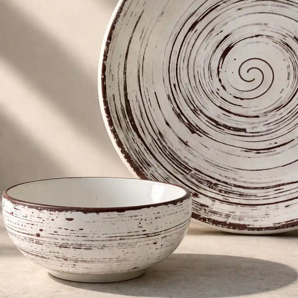 Brown Spiral Ceramic Dinner Set 12 Piece for Family of 4 Plates and Bowls