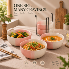 Tritone Pink Ceramic Bowl Set of 4 with Metal Stand – 500ML