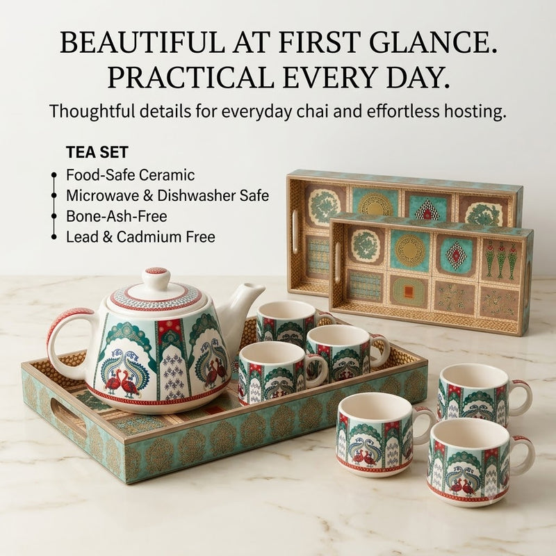 Handcrafted Ceramic Tea Set with Serving Trays – 10 Piece