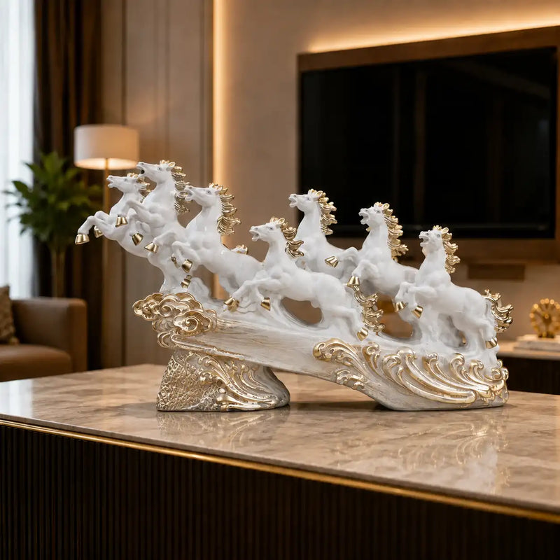 Majestic White & Gold Galloping 7 Horse Sculpture