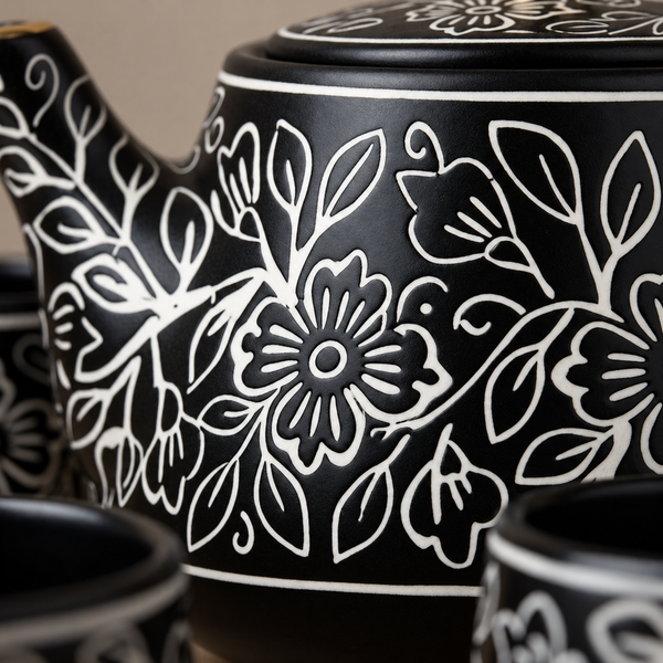Black Artvine Ceramic Tea Set with Kettle & 6 Cups