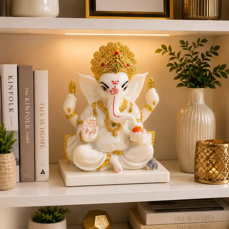 Ganesha: Premium Marble-Finish Idol with Gold Accents