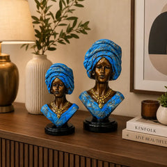 Majestic Bronze & Blue Sculptural Bust Pair (Set of 2)