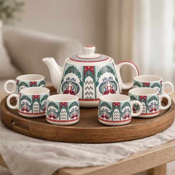 Peagal Ceramic Tea Set With 6 Cups and Kettle