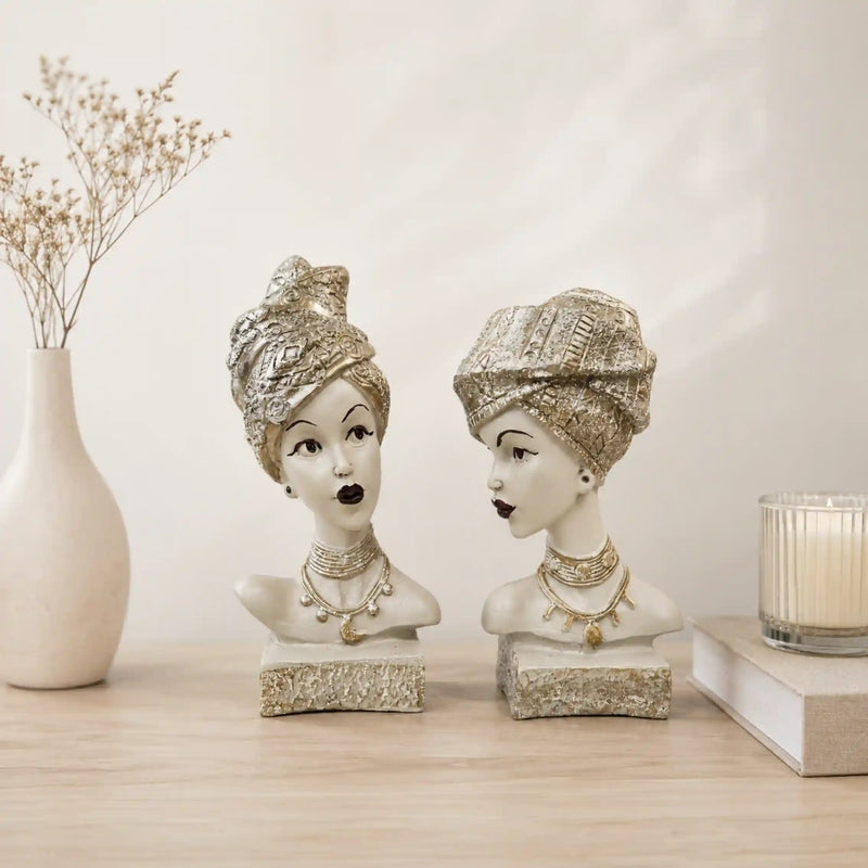 Artistic Ethnic Silver Lady Sculptural Bust Pair – Decorative Statues