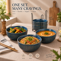 Glam Blue Ceramic Bowl Set of 4 with Stand