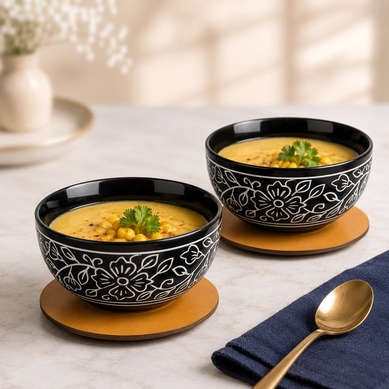 Black Artvine Ceramic Snack Bowl Set of 2 – 500ML with Lid
