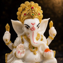 Ganesha: Premium Marble-Finish Idol with Gold Accents