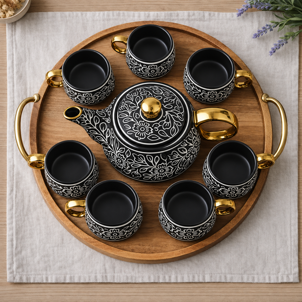 Black Artvine Ceramic Tea Set with Kettle & 6 Cups