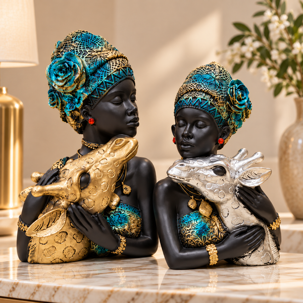 Elegant African Lady with Deer Sculptural Bust Pair – Decorative Gold & Silver Figures
