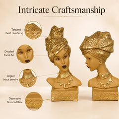Artistic African Lady Sculptural Bust Pair – Decorative Gold Statues Set of 2