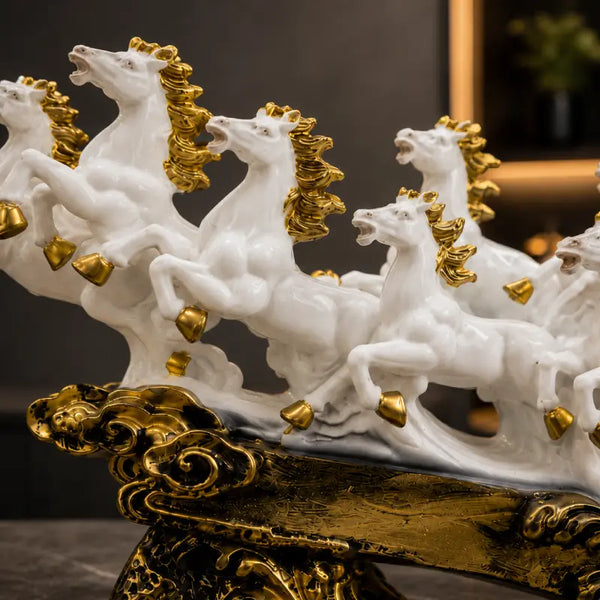Majestic White & Gold Galloping 7 Horse Sculpture