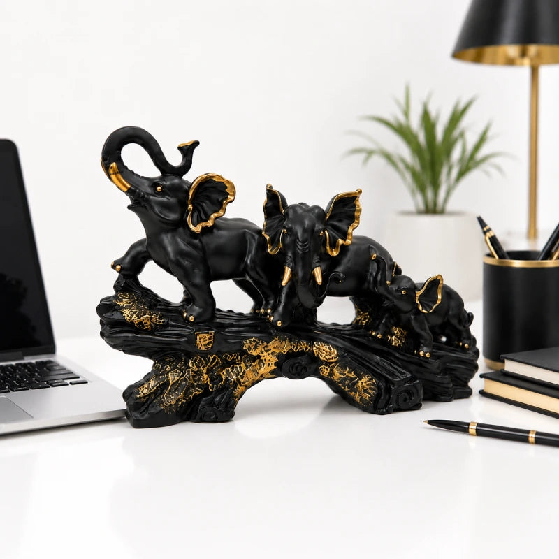 Majestic Black & Gold Elephant Family Sculpture