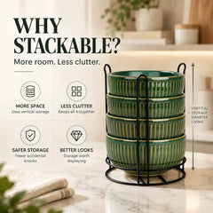 Glam Green Ceramic Bowl Set with Stand (4 Pcs)