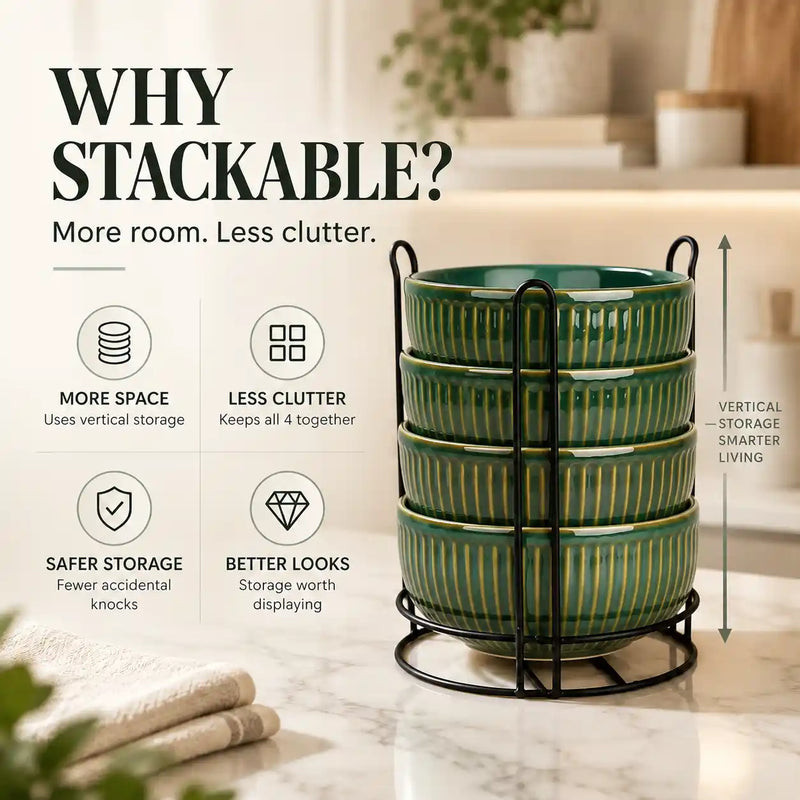 Glam Green Ceramic Bowl Set with Stand (4 Pcs)