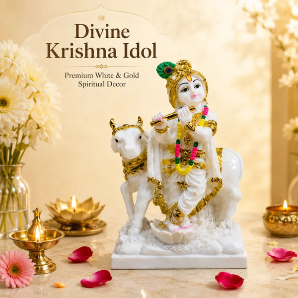 Krishna Idol: Premium White & Gold Spiritual Decor