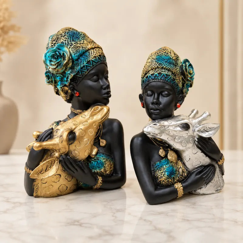 Elegant African Lady with Deer Sculptural Bust Pair – Decorative Gold & Silver Figures