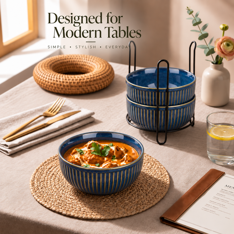 Glam Blue Ceramic Bowl Set of 4 with Stand