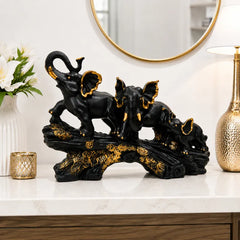 Majestic Black & Gold Elephant Family Sculpture