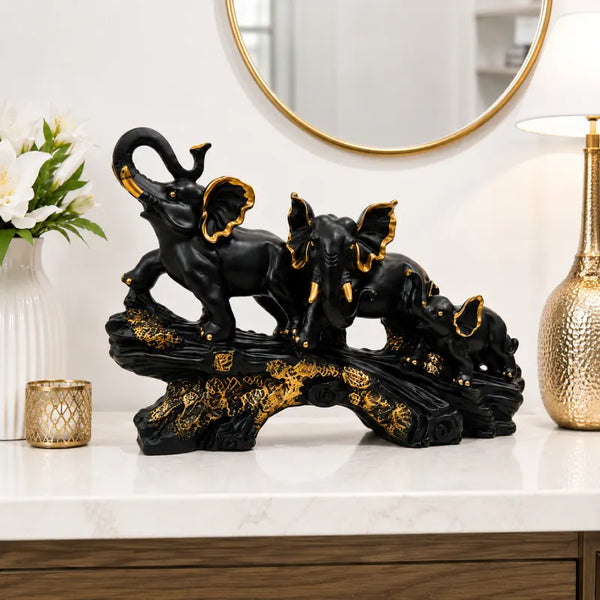 Majestic Black & Gold Elephant Family Sculpture