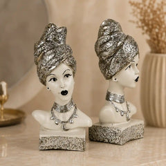 Artistic Ethnic Silver Lady Sculptural Bust Pair – Decorative Statues