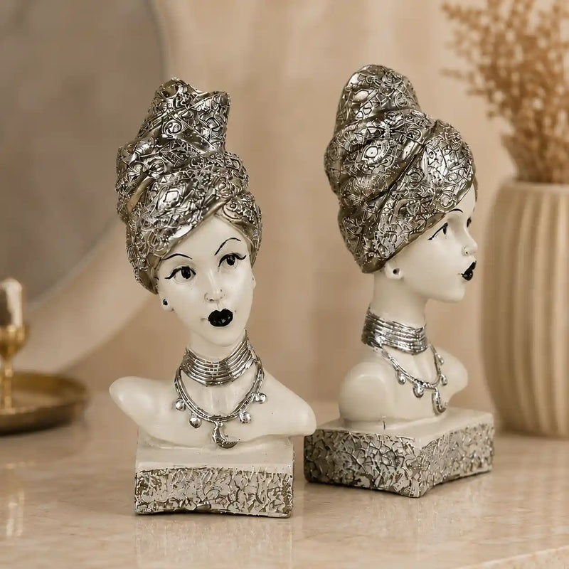 Artistic Ethnic Silver Lady Sculptural Bust Pair – Decorative Statues