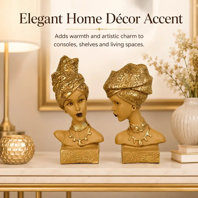 Artistic African Lady Sculptural Bust Pair – Decorative Gold Statues Set of 2