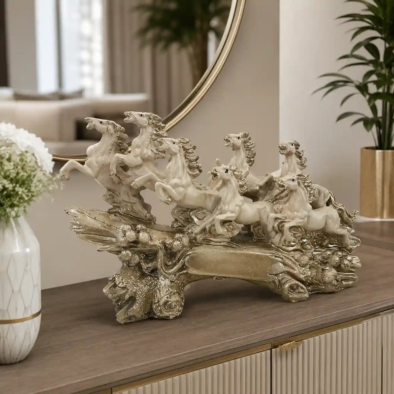 Victorious Galloping 7 Horse Sculpture | Ivory & Champagne Gold
