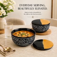Black Artvine Ceramic Bowl Set with Wooden Lids (4 Pcs)