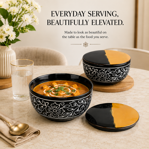 Black Artvine Ceramic Bowl Set with Wooden Lids (4 Pcs)