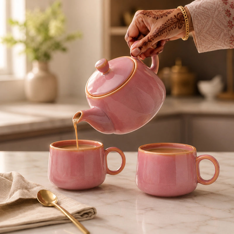 Pink Glaze Ceramic Tea Set | Kettle & 2 Cups (400ml)