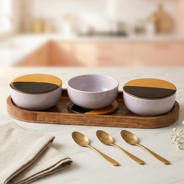 Solid Lavender Ceramic Bowls Serving Set – 3 Bowls, 3 Coaster, 3 Spoon and 1 Tray
